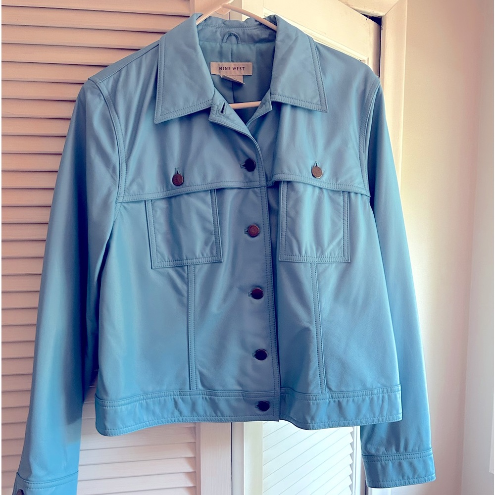 Nine West Leather 100% Light baby Blue Jean Jacket
